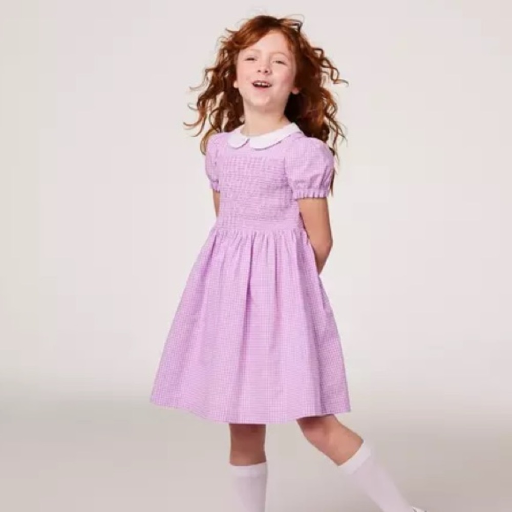 Janie and Jack Lavender Gingham Smocked Dress with White Peter Pan Collar